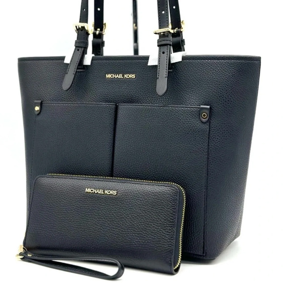 Michael Kors Jet Set Medium Pocket Tote Bag & Continental Wallet Black/Gold - Picture 1 of 13